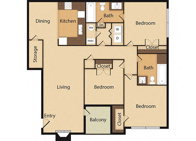 Floor plan for 3 beds, 2 baths, 1214 sqft